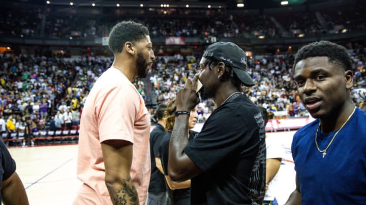 LAS VEGAS, NEVADA - JULY 05: Anthony Davis (L) talks to Jrue Holiday (R) at NBA Summer League on July 05, 2019 in Las Vegas, Nevada. NOTE TO USER: User expressly acknowledges and agrees that, by downloading and or using this Photograph, user is consenting to the terms and conditions of the Getty Images License Agreement. (Photo by Cassy Athena/Getty Images)