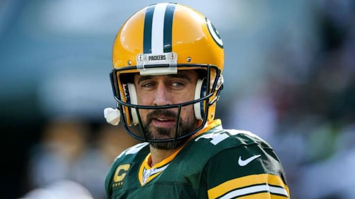 GREEN BAY, WISCONSIN - OCTOBER 20: Aaron Rodgers #12 of the Green Bay Packers warms up before the game against the Oakland Raiders at Lambeau Field on October 20, 2019 in Green Bay, Wisconsin. (Photo by Dylan Buell/Getty Images)