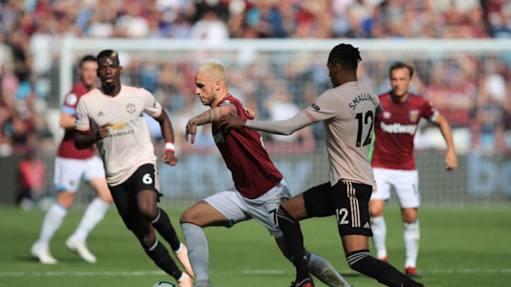 LONDON, ENGLAND - SEPTEMBER 29: Marko Arnautovic of West Ham United in action with Paul Pogba and Chris Smalling of Manchester United during the Premier League match between West Ham United and Manchester United at London Stadium on September 29, 2018 in London, United Kingdom. (Photo by Marc Atkins/Getty Images)