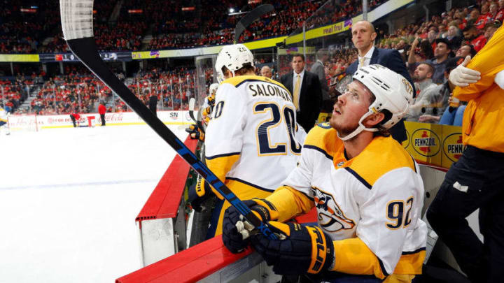 CALGARY, AB - OCTOBER 19: Nashville Predators Center Ryan Johansen #92 looks on against the Calgary Flames during an NHL game on October 19, 2018 at the Scotiabank Saddledome in Calgary, Alberta, Canada. (Photo by Gerry Thomas/NHLI via Getty Images)