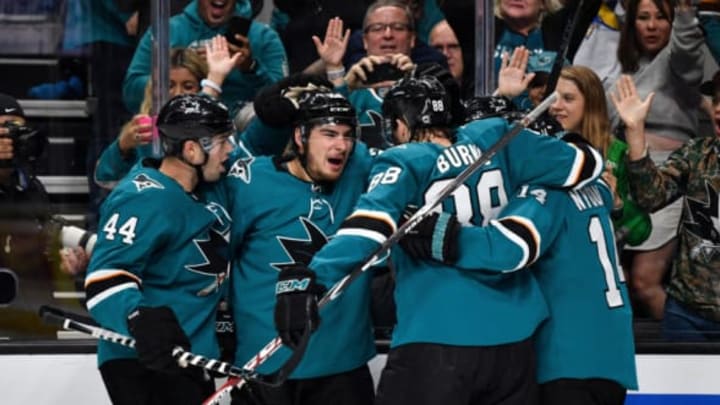 SAN JOSE, CA – MAY 11: Timo Meier #28, Brent Burns #88 and Gustav Nyquist #14 of the San Jose Sharks celebrates scoring a goal against the St. Louis Blues in Game One of the Western Conference Final during the 2019 NHL Stanley Cup Playoffs at SAP Center on May 11, 2019 in San Jose, California (Photo by Brandon Magnus/NHLI via Getty Images)