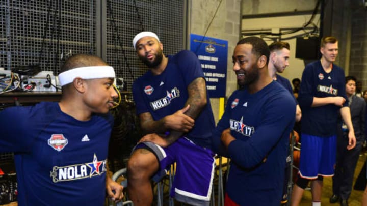 NEW ORLEANS – FEBRUARY 18: Isaiah Thomas #4 of the Boston Celtics, DeMarcus Cousins #15 of the Sacramento Kings and John Wall #2 of the Washington Wizards talk before walking to the court before State Farm All-Star Saturday Night on February 18, 2017 at the Smoothie King Center in New Orleans, Louisiana. NOTE TO USER: User expressly acknowledges and agrees that, by downloading and/or using this photograph, user is consenting to the terms and conditions of the Getty Images License Agreement. Mandatory Copyright Notice: Copyright 2017 NBAE (Photo by Tom O’Connor/NBAE via Getty Images)