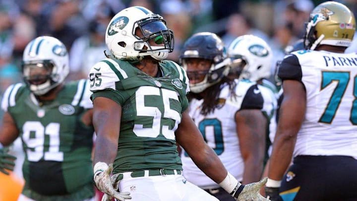 Nov 8, 2015; East Rutherford, NJ, USA; New York Jets outside linebacker Lorenzo Mauldin (55) reacts during the third quarter against the Jacksonville Jaguars at MetLife Stadium. Mandatory Credit: Brad Penner-USA TODAY Sports