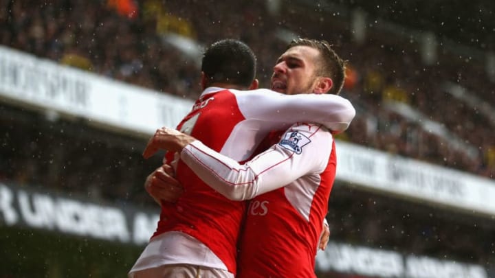 LONDON, ENGLAND - MARCH 05: Alexis Sanchez (L) of Arsenal celebrates scoring his team's second goal with his team mate Aaron Ramsey (R) during the Barclays Premier League match between Tottenham Hotspur and Arsenal at White Hart Lane on March 5, 2016 in London, England. (Photo by Paul Gilham/Getty Images)