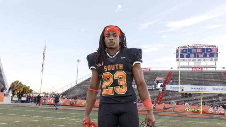 MOBILE, AL - JANUARY 25: Safety Kyle Dugger #23 from Lenoir Rhyne of the South Team pose after the 2020 Resse's Senior Bowl at Ladd-Peebles Stadium on January 25, 2020 in Mobile, Alabama. The Noth Team defeated the South Team 34 to 17. (Photo by Don Juan Moore/Getty Images)