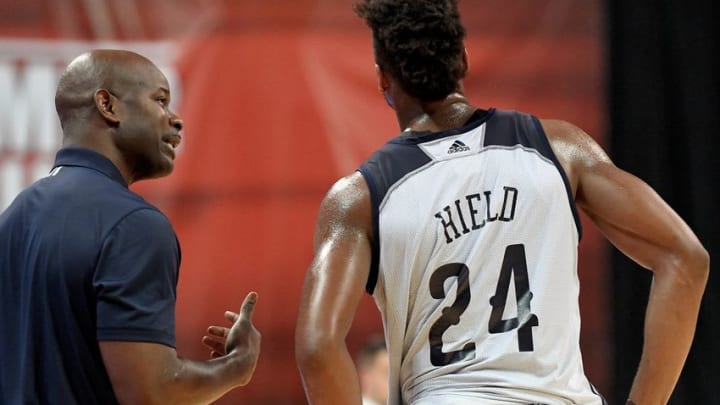 Jul 8, 2016; Las Vegas, NV, USA; New Orleans Pelicans head coach Robert Pack talks with guard Buddy Hield (24) during an NBA Summer League game against the Los Angeles Lakers at Thomas & Mack Center. Los Angeles won the game 85-65. Mandatory Credit: Stephen R. Sylvanie-USA TODAY Sports