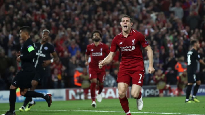 LIVERPOOL, ENGLAND - SEPTEMBER 18: James Milner of Liverpool celebrates after scoring his team's second goal during the Group C match of the UEFA Champions League between Liverpool and Paris Saint-Germain at Anfield on September 18, 2018 in Liverpool, United Kingdom. (Photo by Julian Finney/Getty Images)
