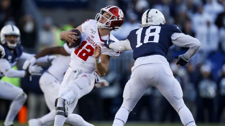 STATE COLLEGE, PA – NOVEMBER 16: Shaka Toney #18 of the Penn State Nittany Lions sacks Peyton Ramsey #12 of the Indiana Hoosiers during the fourth quarter at Beaver Stadium on November 16, 2019 in State College, Pennsylvania. (Photo by Scott Taetsch/Getty Images)