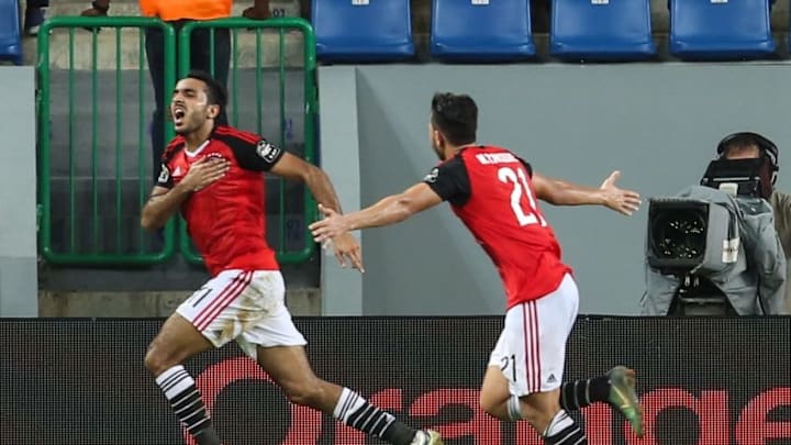PORT-GENTIL, GABON - JANUARY 29: Football players of Egypt celebrate after scoring a goal during the African Cup of Nations 2017, quarter final football match between Egypt and Morocco in Port-Gentil, Gabon on January 29, 2017. (Photo by Fared Kotb/Anadolu Agency/Getty Images)