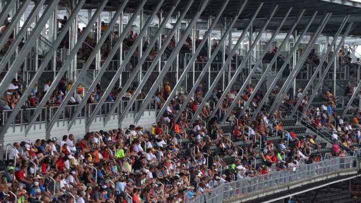 Jul 24, 2016; Indianapolis, IN, USA; NASCAR Sprint Cup fans watch from the second level of seats along the front straightaway during the Combat Wounded Coalition 400 at the Brickyard at the Indianapolis Motor Speedway. Mandatory Credit: Brian Spurlock-USA TODAY Sports
