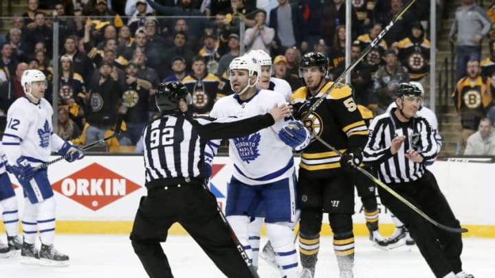 BOSTON, MA - APRIL 12: Toronto Maple Leafs center Nazem Kadri (43) argues his boarding call as linesman Mark Shewchyk (92) moves in during Game 1 of the First Round for the 2018 Stanley Cup Playoffs between the Boston Bruins and the Toronto Maple Leafs on April 12, 2018, at TD Garden in Boston, Massachusetts. The Bruins defeated the Maple Leafs 5-1. (Photo by Fred Kfoury III/Icon Sportswire via Getty Images)