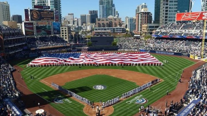 Apr 9, 2013; San Diego, CA, USA; A general view of the field at Petco Park during the Opening Day ceremonies as a flag is stretched across the outfield before a game between the Los Angeles Dodgers and San Diego Padres. Mandatory Credit: Jake Roth-USA TODAY Sports