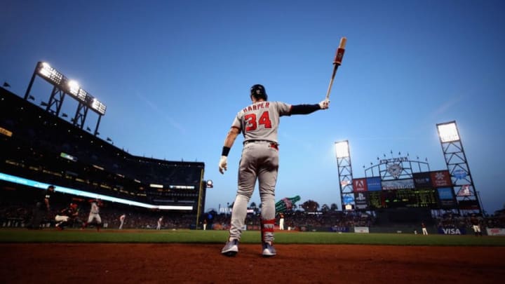 SAN FRANCISCO, CA - APRIL 23: Bryce Harper #34 of the Washington Nationals warms up on the on-deck circle before hitting in the third inning against the San Francisco Giants at AT&T Park on April 23, 2018 in San Francisco, California. (Photo by Ezra Shaw/Getty Images)
