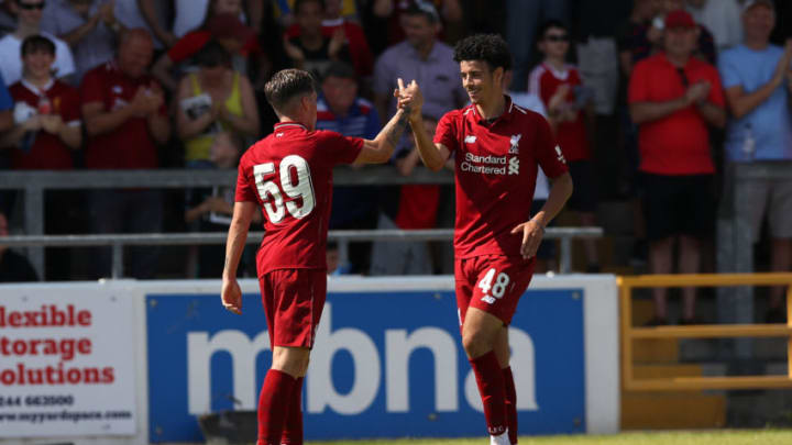 CHESTER, ENGLAND - JULY 07: Harry Wilson of Liverpool celebrates scoring his first goal during the Pre-season friendly between Chester FC and Liverpool on July 7, 2018 in Chester, United Kingdom. (Photo by Lynne Cameron/Getty Images)