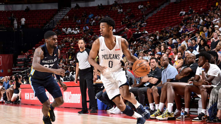 LAS VEGAS, NV – JULY 14: Nickeil Alexander-Walker #0 of the New Orleans Pelicans handles the ball against the Memphis Grizzlies during the Semifinals of the Las Vegas Summer League on July 14, 2019 at the Thomas & Mack Center in Las Vegas, Nevada. NOTE TO USER: User expressly acknowledges and agrees that, by downloading and/or using this photograph, user is consenting to the terms and conditions of the Getty Images License Agreement. Mandatory Copyright Notice: Copyright 2019 NBAE (Photo by David Dow/NBAE via Getty Images)