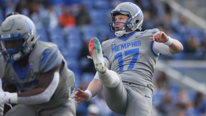 Memphis Tigers kicker Joe Doyle kicks a field during their game against the SMU Mustangs at Liberty Bowl Memorial Stadium on Saturday Nov. 6, 2021.Jrca6343