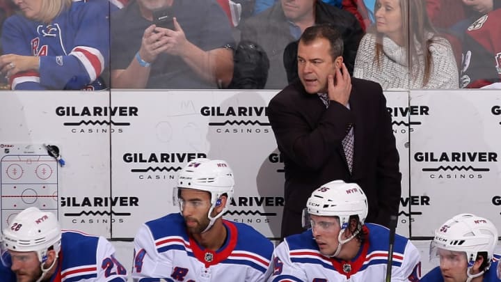 GLENDALE, AZ - JANUARY 06: Head coach Alain Vigneault of the New York Rangers watches from the bench during the first period of the NHL game against the Arizona Coyotes at Gila River Arena on January 6, 2018 in Glendale, Arizona. (Photo by Christian Petersen/Getty Images)
