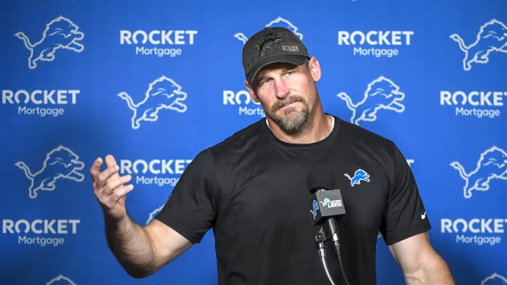 ALLEN PARK, MICHIGAN – JULY 28: Detroit Lions head football coach Dan Campbell speaks with the media before the Detroit Lions Training Camp on July 28, 2021 in Allen Park, Michigan. (Photo by Nic Antaya/Getty Images)