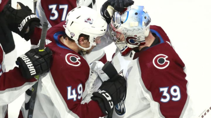 EDMONTON, ALBERTA - AUGUST 05: Pavel Francouz #39 of the Colorado Avalanche is congratulated by teammate Samuel Girard #49 of the Colorado Avalanche after Francouz recorded a shut out in the 4-0 defeat of the Dallas Stars after in a Western Conference Round Robin game during the 2020 NHL Stanley Cup Playoff at Rogers Place on August 05, 2020 in Edmonton, Alberta. (Photo by Jeff Vinnick/Getty Images)