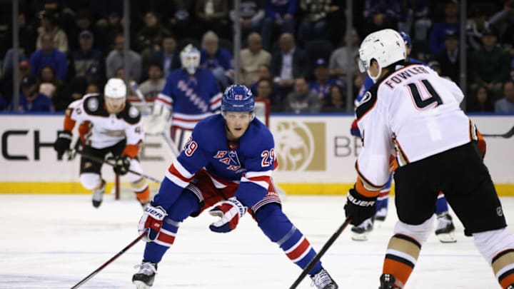 NEW YORK, NEW YORK - OCTOBER 17: Dryden Hunt #29 of the New York Rangers skates against the Anaheim Ducks at Madison Square Garden on October 17, 2022 in New York City. (Photo by Bruce Bennett/Getty Images)