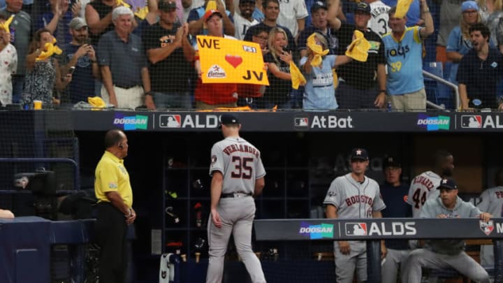 ST. PETERSBURG, FL - OCTOBER 08: Justin Verlander #35 of the Houston Astros leaves the game in the fourth inning during Game 4 of the ALDS between the Houston Astros and the Tampa Bay Rays at Tropicana Field on Tuesday, October 8, 2019 in St. Petersburg, Florida. (Photo by Mike Carlson/MLB Photos via Getty Images)