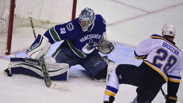 Mar 19, 2016; Vancouver, British Columbia, CAN; Vancouver Canucks goaltender Ryan Miller (30) stops a shot by St. Louis Blues forward Kyle Brodziak (28) during the second period at Rogers Arena. Mandatory Credit: Anne-Marie Sorvin-USA TODAY Sports