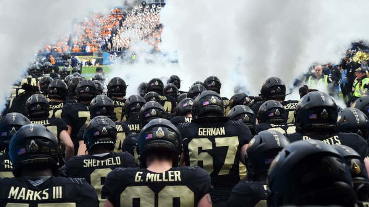 Dec 30, 2021; Nashville, TN, USA; Purdue Boilermakers players take the field before the game against the Tennessee Volunteers during the 2021 Music City Bowl at Nissan Stadium. Mandatory Credit: Christopher Hanewinckel-USA TODAY Sports