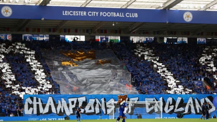 LEICESTER, ENGLAND - AUGUST 20: The supporters of Leicester unfurl a banner in celebration of the Premier League title winning season ahead of the Premier League match between Leicester City and Arsenal at The King Power Stadium on August 20, 2016 in Leicester, England. (Photo by Michael Steele/Getty Images)