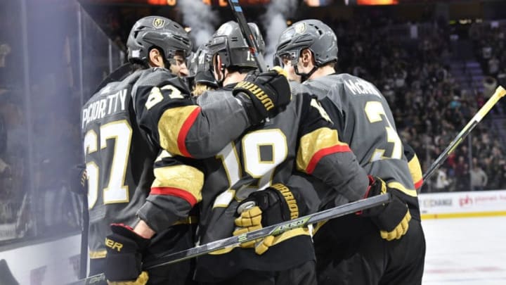 LAS VEGAS, NEVADA - NOVEMBER 17: The Vegas Golden Knights celebrate after a goal by William Karlsson #71 during the first period against the Calgary Flames at T-Mobile Arena on November 17, 2019 in Las Vegas, Nevada. (Photo by Jeff Bottari/NHLI via Getty Images)