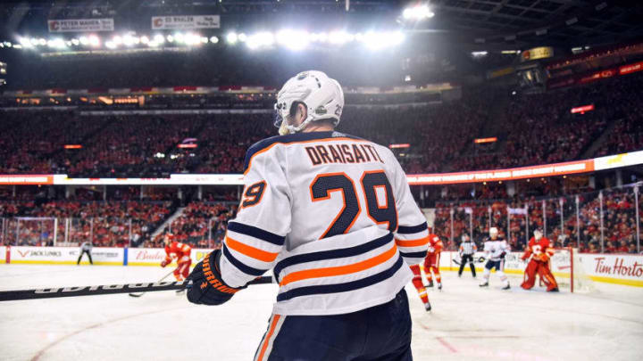 CALGARY, AB - APRIL 06: Edmonton Oilers Winger Leon Draisaitl (29) skates during the second period of an NHL game where the Calgary Flames hosted the Edmonton Oilers on April 6, 2019, at the Scotiabank Saddledome in Calgary, AB. (Photo by Brett Holmes/Icon Sportswire via Getty Images)