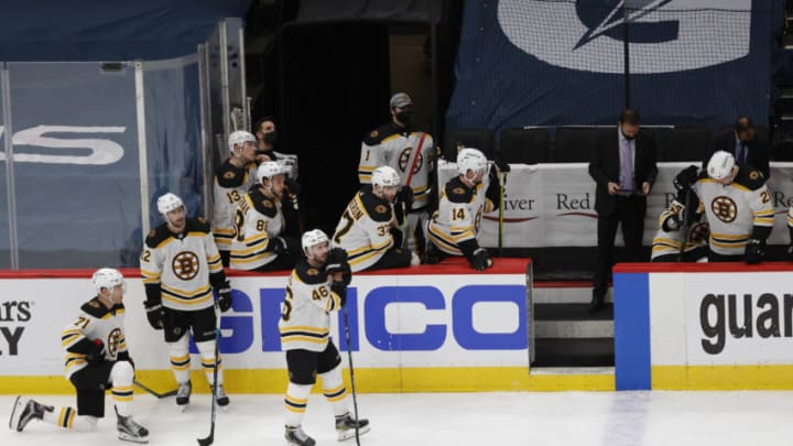 May 15, 2021; Washington, District of Columbia, USA; Boston Bruins players await the result of an official review of an overtime goal by Washington Capitals center Nic Dowd (not pictured) in game one of the first round of the 2021 Stanley Cup Playoffs at Capital One Arena. Mandatory Credit: Geoff Burke-USA TODAY Sports