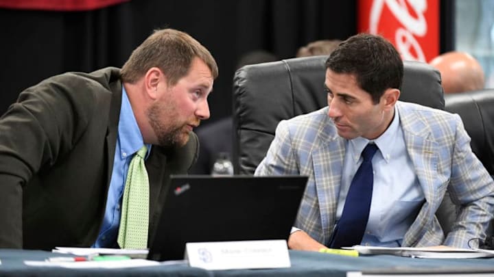 SAN DIEGO, CA - JUNE 9: Mark Connor talks with AJ Preller of the San Diego Padres as they partake in the 2016 MLB Amateur Draft at PETCO Park on June 9, 2016 in San Diego, California. (Photo by Andy Hayt/San Diego Padres/Getty Images)