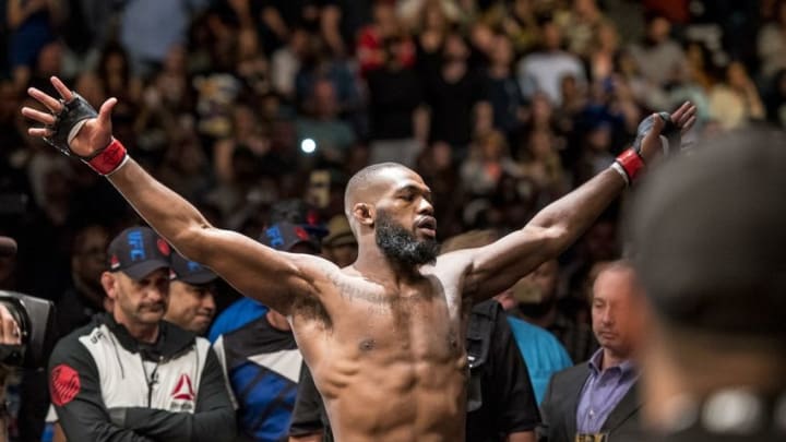 Apr 23, 2016; Las Vegas, NV, USA; Jon Jones (red gloves) before his fight against Ovince Saint Preux (blue gloves) during UFC 197 at MGM Grand Garden Arena. Mandatory Credit: Joshua Dahl-USA TODAY Sports