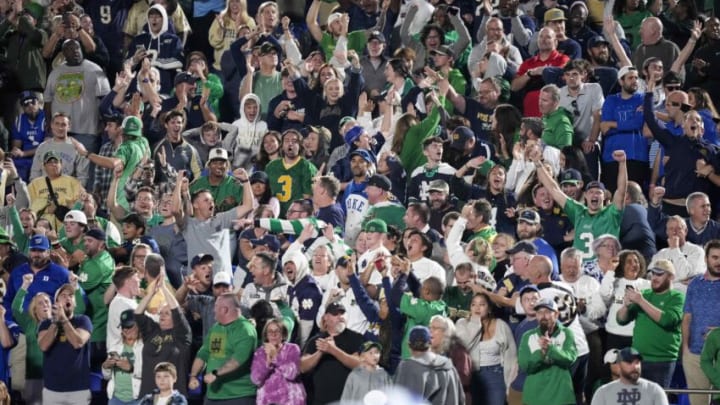 Sep 30, 2023; Durham, North Carolina, USA; Notre Dame fans react to the winning touchdown during the second half against the Duke Blue Devils at Wallace Wade Stadium. Mandatory Credit: Jim Dedmon-USA TODAY Sports