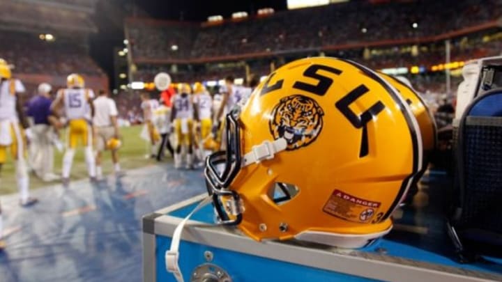 Oct 11, 2014; Gainesville, FL, USA; LSU Tigers helmet lays on the sidelines against the Florida Gators during the second half at Ben Hill Griffin Stadium. LSU Tigers defeated the Florida Gators 30-27. Mandatory Credit: Kim Klement-USA TODAY Sports