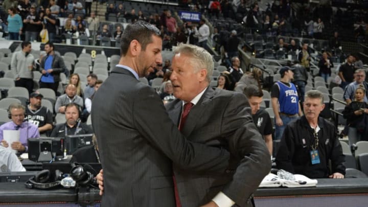 SAN ANTONIO, TX - JANUARY 26: Coach James Borrego of the San Antonio Spurs greets Head Coach Brett Brown of the Philadelphia 76ers after the game on January 26, 2018 at the AT&T Center in San Antonio, Texas. NOTE TO USER: User expressly acknowledges and agrees that, by downloading and or using this photograph, user is consenting to the terms and conditions of the Getty Images License Agreement. Mandatory Copyright Notice: Copyright 2018 NBAE (Photos by Mark Sobhani/NBAE via Getty Images)
