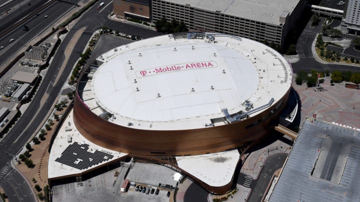 An aerial view shows T-Mobile Arena, home of the NHL's Vegas Golden Knights.