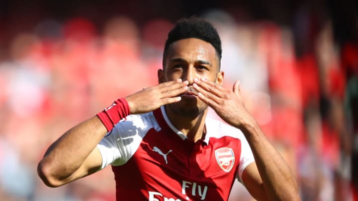 LONDON, ENGLAND - MAY 06: Pierre-Emerick Aubameyang of Arsenal celebrates after scoring his sides first goal during the Premier League match between Arsenal and Burnley at Emirates Stadium on May 6, 2018 in London, England. (Photo by Clive Mason/Getty Images)