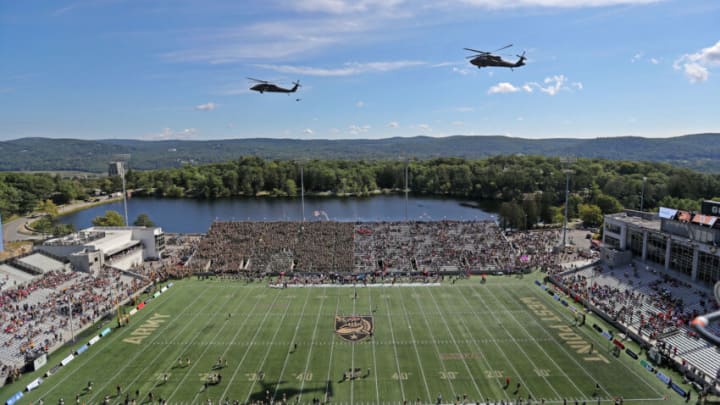 Sep 11, 2021; West Point, New York, USA; U.S. Army UH-60 Black Hawk helicopters perform a flyover before a game between the Army Black Knights and the Western Kentucky Hilltoppers before the first half at Michie Stadium. Mandatory Credit: Danny Wild-USA TODAY Sports