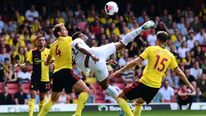 WATFORD, ENGLAND - AUGUST 24: Sebastien Haller of West Ham United shoots toward goal during the Premier League match between Watford FC and West Ham United at Vicarage Road on August 24, 2019 in Watford, United Kingdom. (Photo by Alex Broadway/Getty Images)