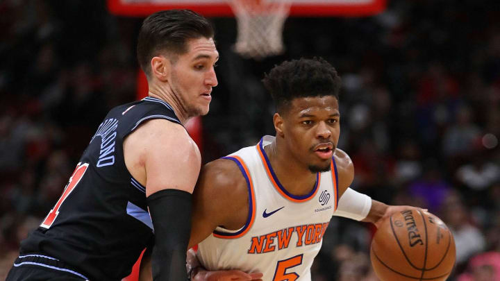 CHICAGO, IL – APRIL 9: Dennis Smith Jr. #5 of the New York Knicksdrives against Ryan Arcidiacono #51 of the Chicago Bulls at the United Center on April 09, 2019 in Chicago, Illinois. NOTE TO USER: User expressly acknowledges and agrees that, by downloading and or using this photograph, User is consenting to the terms and conditions of the Getty Images License Agreement. (Photo by Jonathan Daniel/Getty Images)