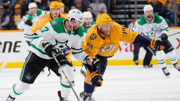 NASHVILLE, TN - FEBRUARY 7: Mattias Ekholm #14 of the Nashville Predators skates against Alexander Radulov #47 of the Dallas Stars at Bridgestone Arena on February 7, 2019 in Nashville, Tennessee. (Photo by John Russell/NHLI via Getty Images)