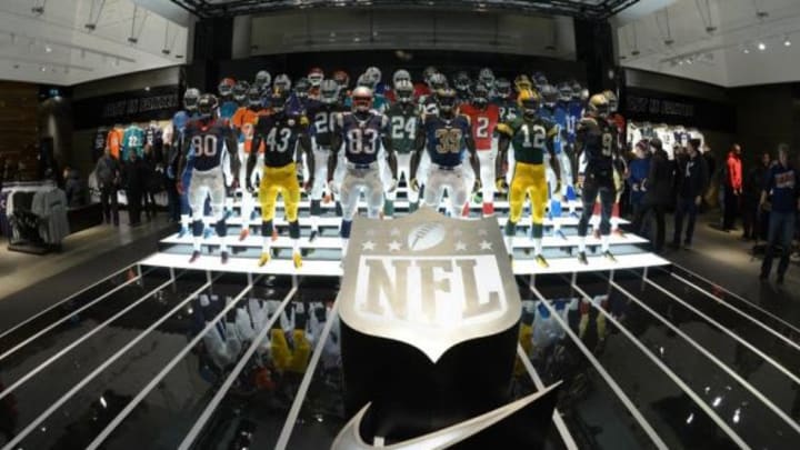 Oct 27,2012; London, UNITED KINGDOM; General view of display of NFL uniforms at the Nike Town Oxford Street London. Mandatory Credit: Kirby Lee/Image of Sport-USA TODAY Sports
