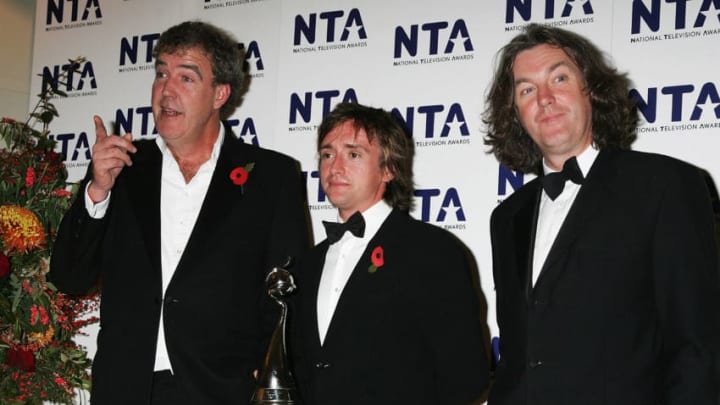 LONDON - OCTOBER 31: 'Top Gear' presenters (L-R) Jeremy Clarkson, Richard Hammond and James May pose with the award for Most Popular Factual Programme in the Awards Room at the National Television Awards 2007 at the Royal Albert Hall on October 31, 2007 in London, England. (Photo by Chris Jackson/Getty Images)