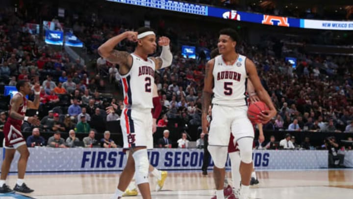 SALT LAKE CITY, UTAH – MARCH 21: Bryce Brown #2 celebrates with Chuma Okeke #5 of the Auburn Tigers during the second half against the New Mexico State Aggies in the first round of the 2019 NCAA Men’s Basketball Tournament at Vivint Smart Home Arena on March 21, 2019 in Salt Lake City, Utah. (Photo by Tom Pennington/Getty Images)