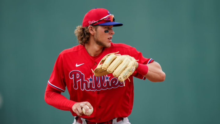 FORT MYERS, FL- FEBRUARY 26: Alec Bohm #80 of the Philadelphia Phillies throws during a spring training game against the Minnesota Twins on February 26, 2020 at the Hammond Stadium in Fort Myers, Florida. (Photo by Brace Hemmelgarn/Minnesota Twins/Getty Images)