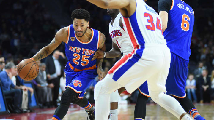 Mar 11, 2017; Auburn Hills, MI, USA; New York Knicks guard Derrick Rose (25) drives to the basket during the first quarter against the Detroit Pistons at The Palace of Auburn Hills. Mandatory Credit: Tim Fuller-USA TODAY Sports