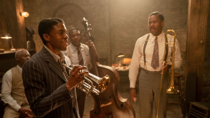 Ma Rainey's Black Bottom (2020): (L to R)Glynn Turman as Toldeo, Chadwick Boseman as Levee, Michael Potts as Slow Drag, and Colman Domingo as Cutler.Cr. David Lee / Netflix