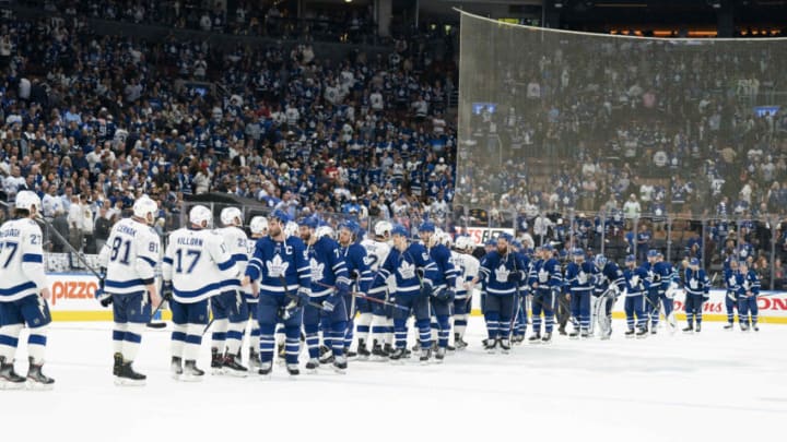 May 14, 2022; Toronto, Ontario, CAN; Both the Toronto Maple Leafs and Tampa Bay Lightning players shake hands at the end of the third period of game seven of the first round of the 2022 Stanley Cup Playoffs at Scotiabank Arena. Mandatory Credit: Nick Turchiaro-USA TODAY Sports