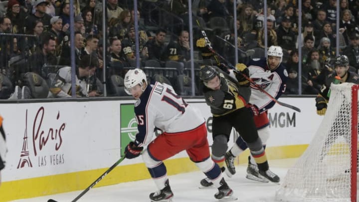 LAS VEGAS, NV - JANUARY 11: Columbus Blue Jackets left wing Jakob Lilja (15) controls the puck during a regular season game against the Vegas Golden Knights Saturday, Jan. 11, 2020, at T-Mobile Arena in Las Vegas, Nevada. (Photo by: Marc Sanchez/Icon Sportswire via Getty Images)